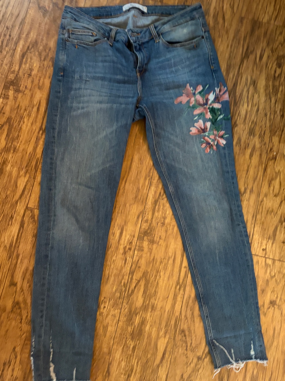 Zara Blue Skinny Jeans with Pink Floral Embroidery